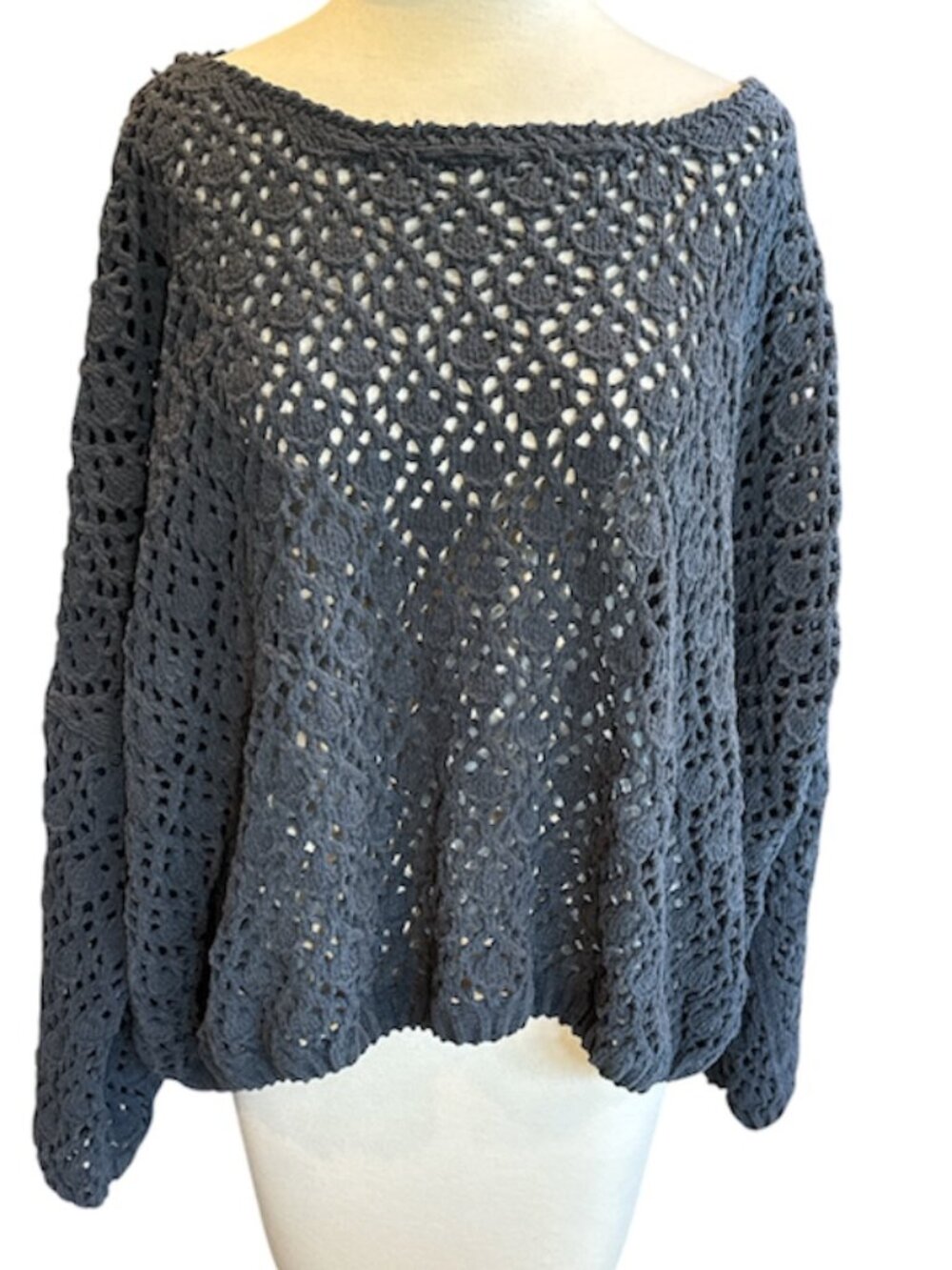 POL Open Weave Crochet Long Sleeve Boat Neck Sweater